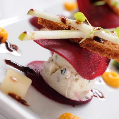 Goats cheese with beetroot in the restaurant at The Horn of Plenty