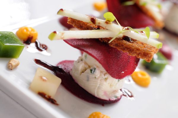 Goats cheese with beetroot in the restaurant at The Horn of Plenty