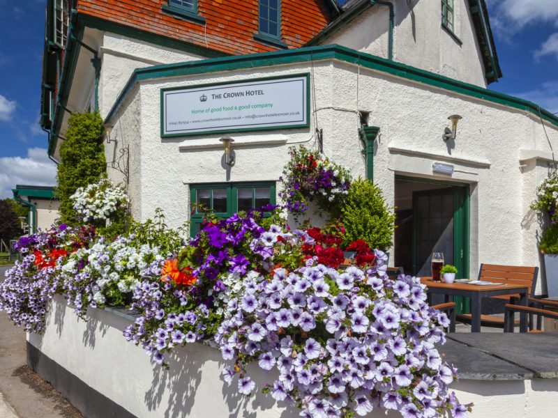 Tubs overflowing with purple and white petunias outside the entrance of The Crown Hotel in Exford, Exmoor
